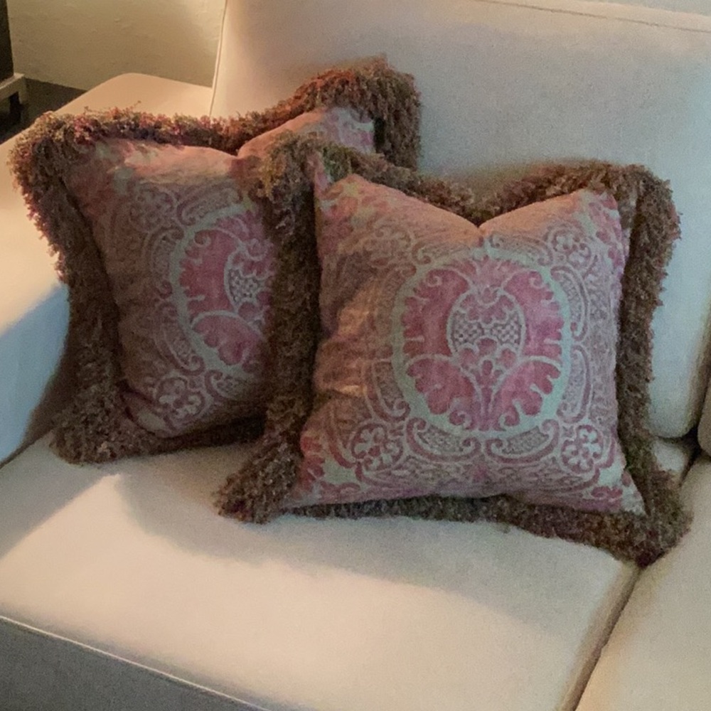 Vintage Fortuny Accent Pillows with Houlès Fringe - Luxurious Pink and Brown